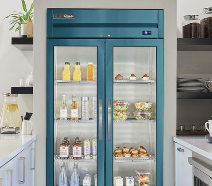 Custom Finishes - Custom Teal Glass Door Refrigerator Display